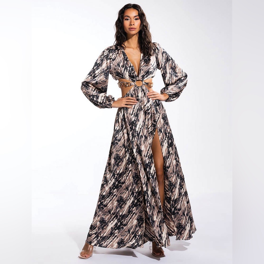 A.K WAIST CHAIN BELT W/ CUTOUTS MAXI DRESS, MULTICOLOR